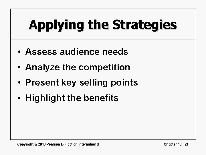 Applying the Strategies • Assess audience needs • Analyze the competition • Present key