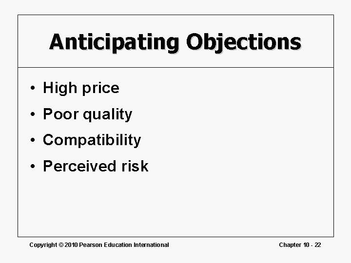 Anticipating Objections • High price • Poor quality • Compatibility • Perceived risk Copyright