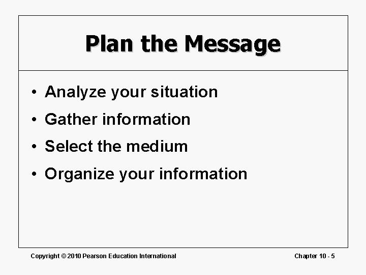 Plan the Message • Analyze your situation • Gather information • Select the medium