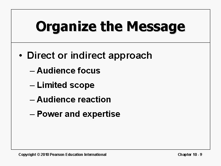 Organize the Message • Direct or indirect approach – Audience focus – Limited scope