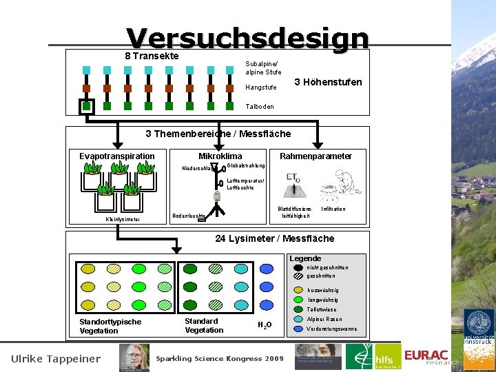 Versuchsdesign 8 Transekte Subalpine/ alpine Stufe 3 Höhenstufen Hangstufe Talboden 3 Themenbereiche / Messfläche