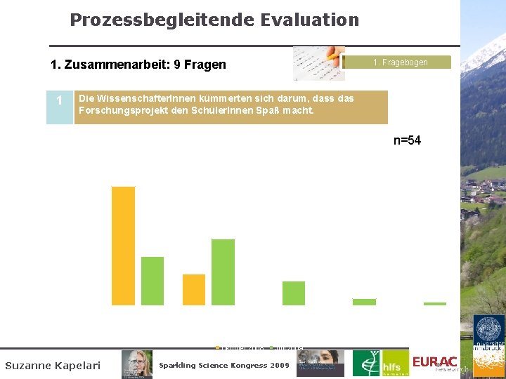 Prozessbegleitende Evaluation 1. Fragebogen 1. Zusammenarbeit: 9 Fragen 1 Die Wissenschafter. Innen kümmerten sich