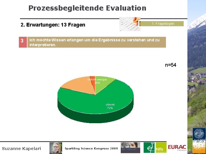 Prozessbegleitende Evaluation 1. Fragebogen 2. Erwartungen: 13 Fragen 3 Ich möchte Wissen erlangen um