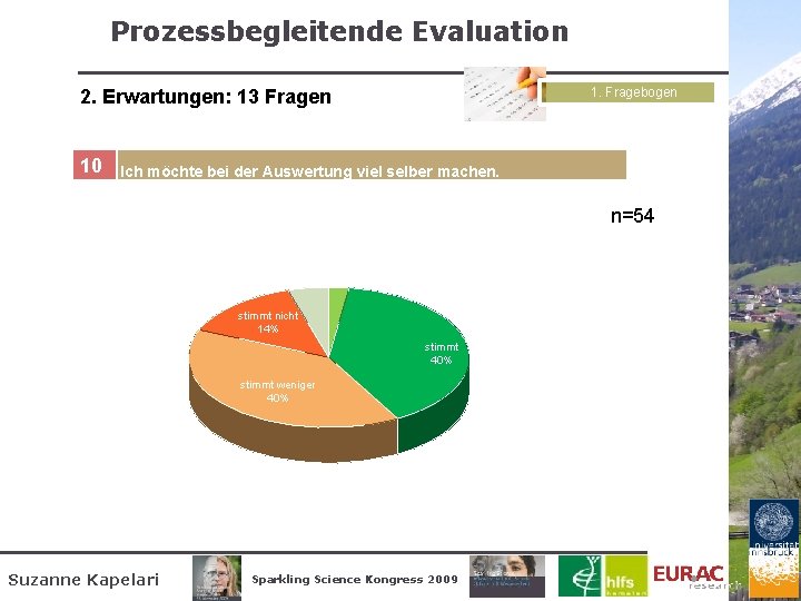 Prozessbegleitende Evaluation 1. Fragebogen 2. Erwartungen: 13 Fragen 10 Ich möchte bei der Auswertung