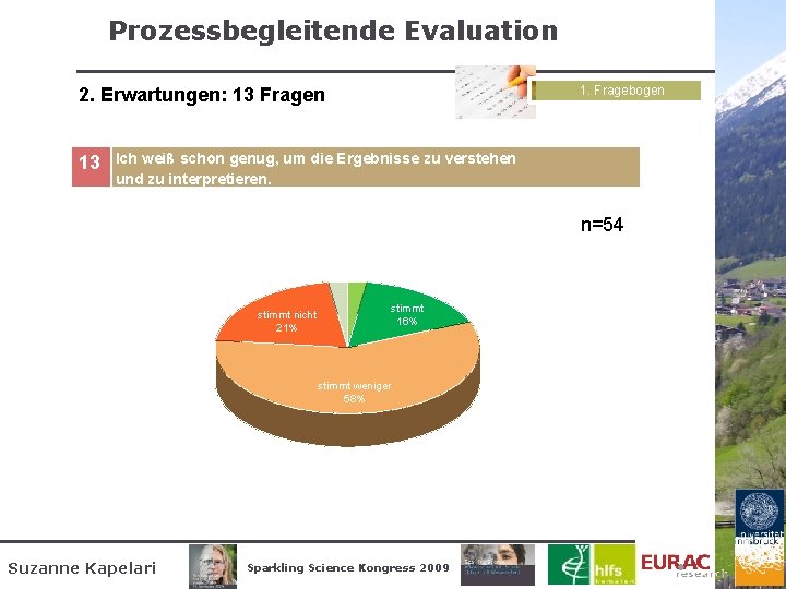 Prozessbegleitende Evaluation 1. Fragebogen 2. Erwartungen: 13 Fragen 13 Ich weiß schon genug, um