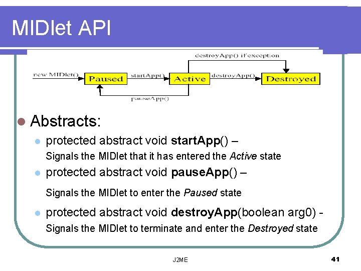 MIDlet API l Abstracts: l protected abstract void start. App() – Signals the MIDlet