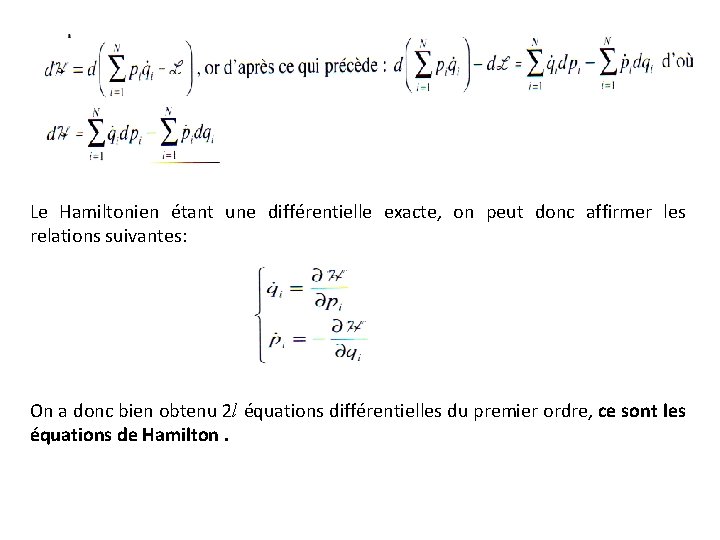 Le Hamiltonien étant une différentielle exacte, on peut donc affirmer les relations suivantes: On