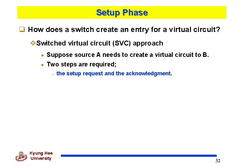 Setup Phase q How does a switch create an entry for a virtual circuit?