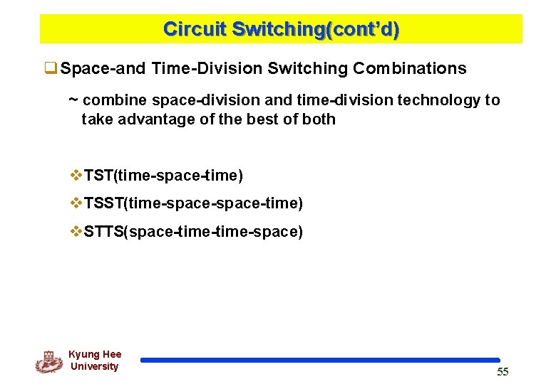 Circuit Switching(cont’d) q. Space-and Time-Division Switching Combinations ~ combine space-division and time-division technology to