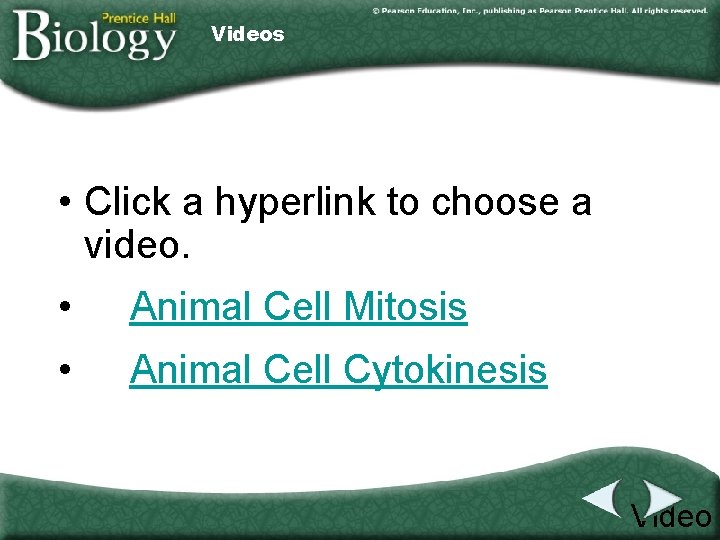 Videos • Click a hyperlink to choose a video. • Animal Cell Mitosis •