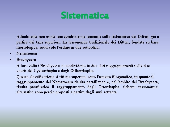 Sistematica • • Attualmente non esiste una condivisione unanime sulla sistematica dei Ditteri, già