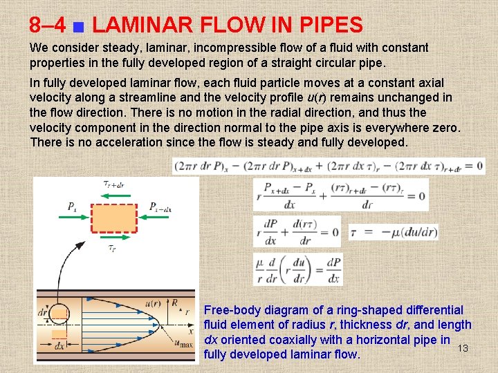 8– 4 ■ LAMINAR FLOW IN PIPES We consider steady, laminar, incompressible flow of
