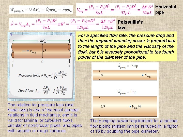 Horizontal pipe Poiseuille’s law For a specified flow rate, the pressure drop and thus