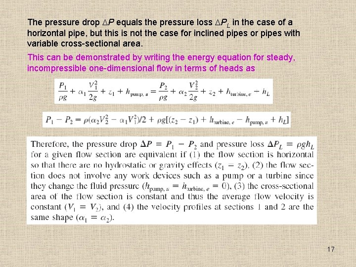 The pressure drop P equals the pressure loss PL in the case of a