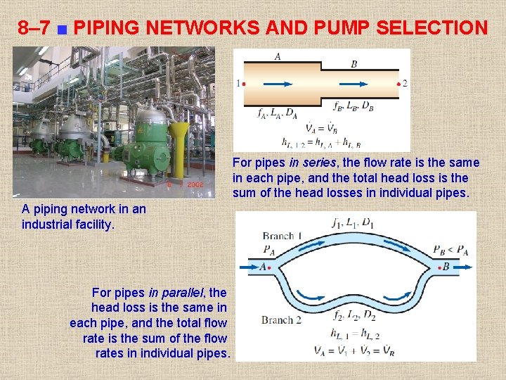 8– 7 ■ PIPING NETWORKS AND PUMP SELECTION For pipes in series, the flow