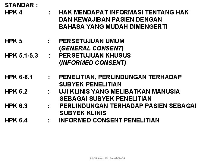 STANDAR : HPK 4 : HAK MENDAPAT INFORMASI TENTANG HAK DAN KEWAJIBAN PASIEN DENGAN