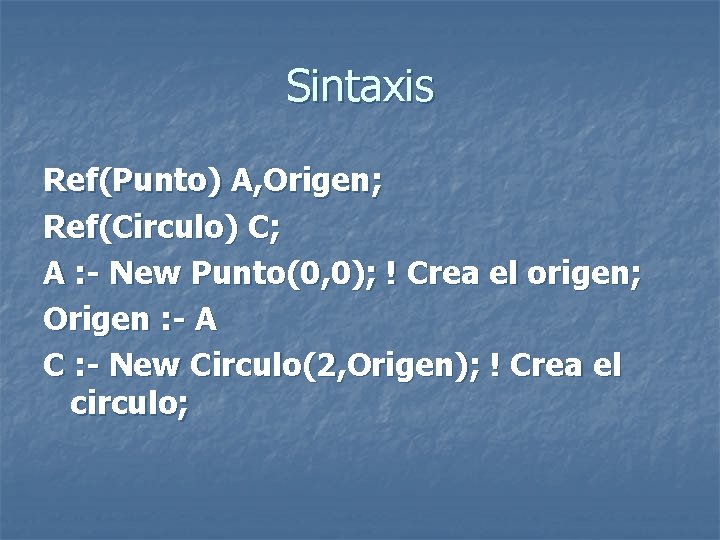 Sintaxis Ref(Punto) A, Origen; Ref(Circulo) C; A : - New Punto(0, 0); ! Crea