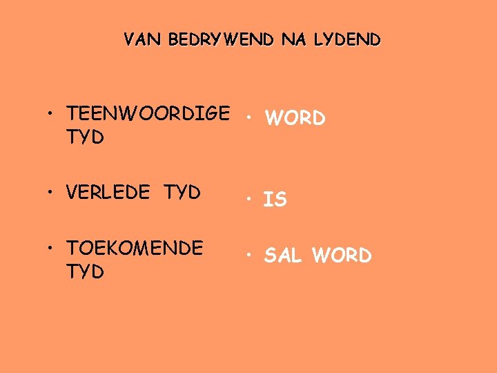VAN BEDRYWEND NA LYDEND • TEENWOORDIGE • WORD TYD • VERLEDE TYD • IS