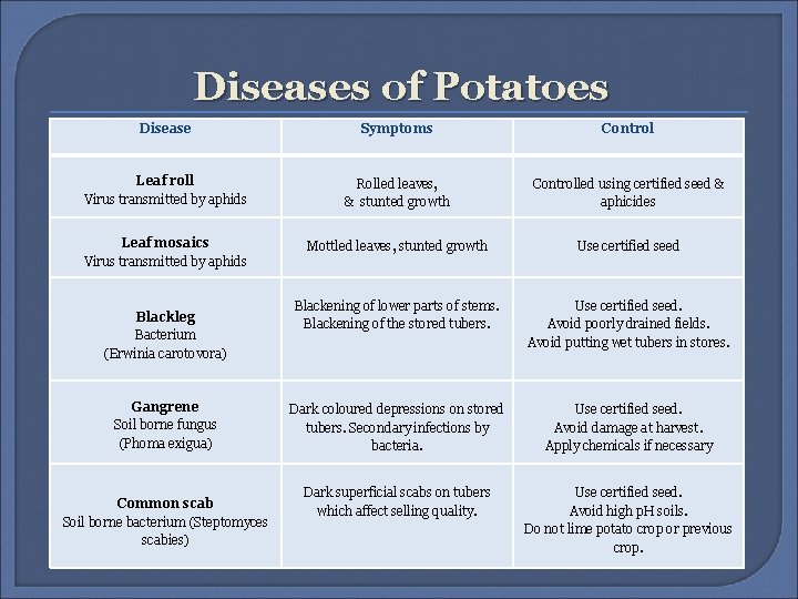 Diseases of Potatoes Disease Symptoms Control Leaf roll Virus transmitted by aphids Rolled leaves,