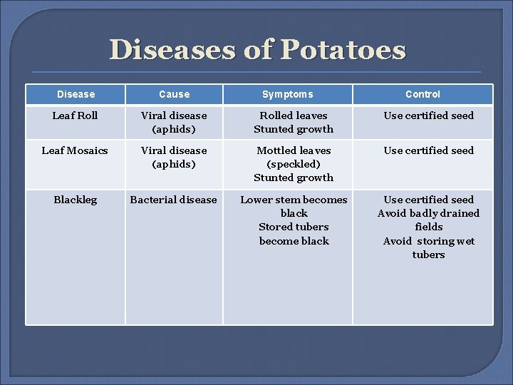 Diseases of Potatoes Disease Cause Symptoms Control Leaf Roll Viral disease (aphids) Rolled leaves