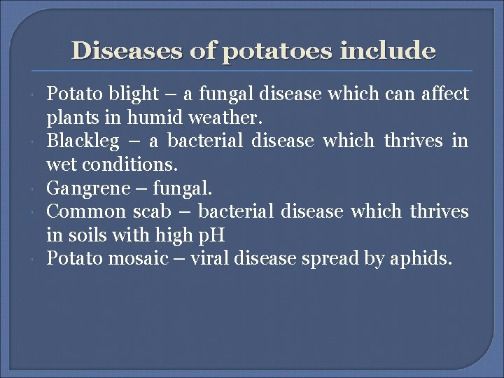 Diseases of potatoes include Potato blight – a fungal disease which can affect plants