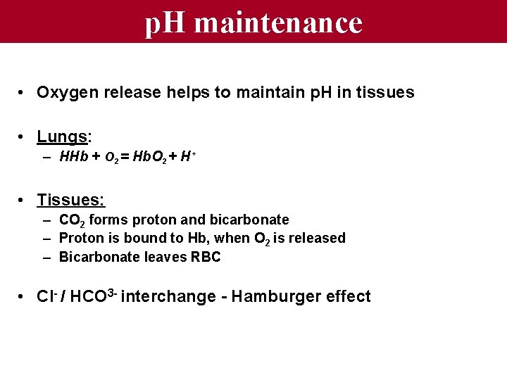 p. H maintenance • Oxygen release helps to maintain p. H in tissues •
