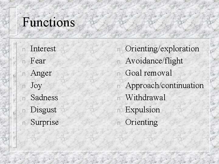 Functions n n n n Interest Fear Anger Joy Sadness Disgust Surprise n n Functions n n n n Interest Fear Anger Joy Sadness Disgust Surprise n n