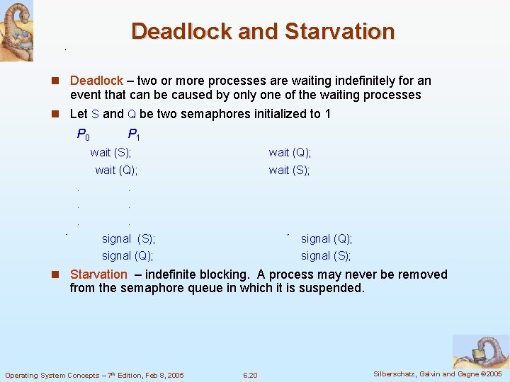 Deadlock and Starvation Deadlock – two or more processes are waiting indefinitely for an