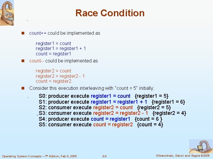 Race Condition count++ could be implemented as register 1 = count register 1 =