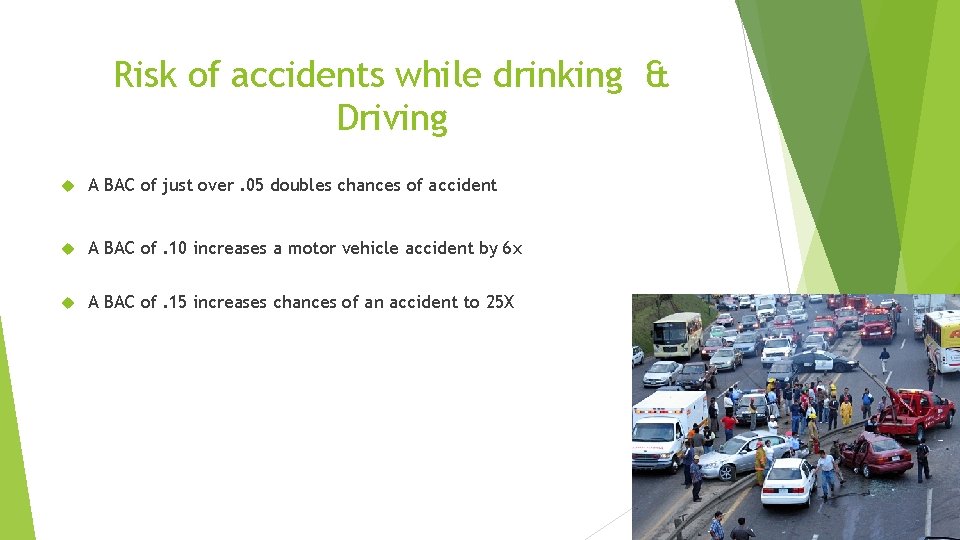 Risk of accidents while drinking & Driving A BAC of just over. 05 doubles