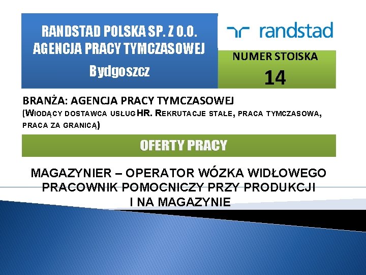 RANDSTAD POLSKA SP. Z O. O. AGENCJA PRACY TYMCZASOWEJ Bydgoszcz NUMER STOISKA 14 BRANŻA:
