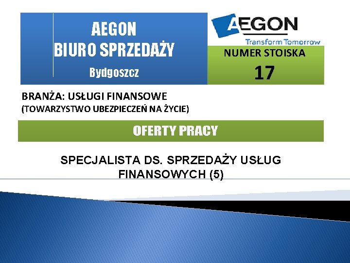 AEGON BIURO SPRZEDAŻY Bydgoszcz NUMER STOISKA 17 BRANŻA: USŁUGI FINANSOWE (TOWARZYSTWO UBEZPIECZEŃ NA ŻYCIE)