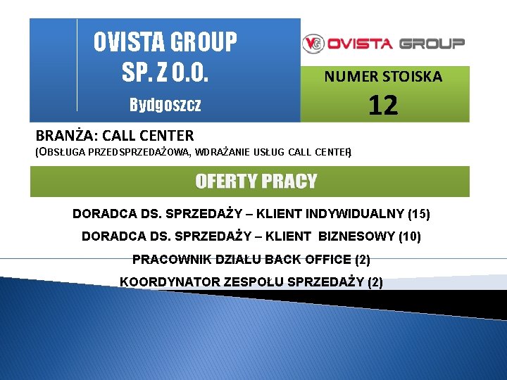 OVISTA GROUP SP. Z O. O. NUMER STOISKA Bydgoszcz 12 BRANŻA: CALL CENTER (OBSŁUGA