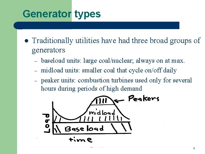 Generator types l Traditionally utilities have had three broad groups of generators – –