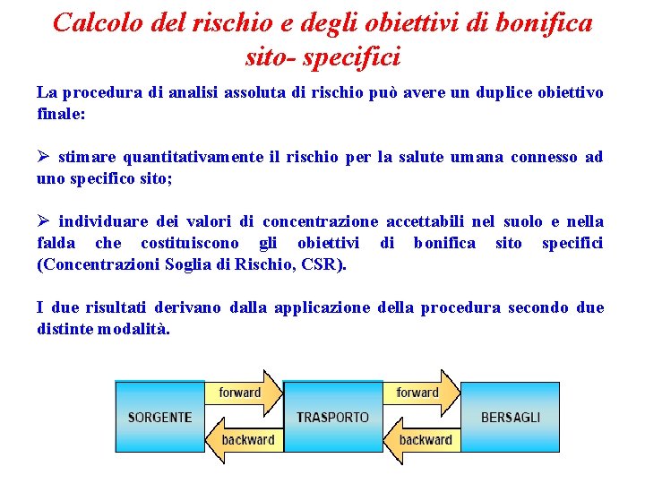 Calcolo del rischio e degli obiettivi di bonifica sito- specifici La procedura di analisi