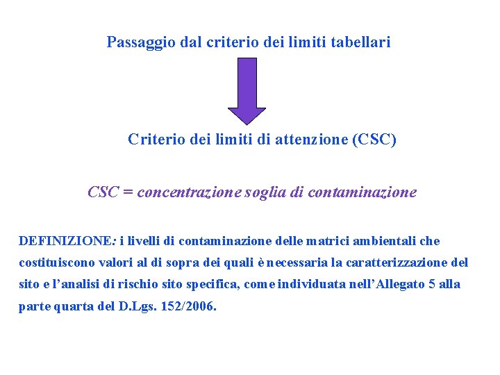 Passaggio dal criterio dei limiti tabellari Criterio dei limiti di attenzione (CSC) CSC =