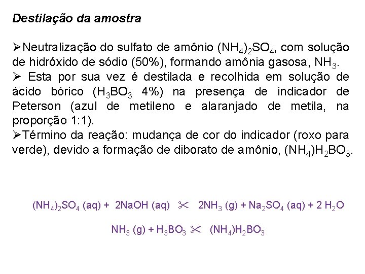 Destilação da amostra ØNeutralização do sulfato de amônio (NH 4)2 SO 4, com solução