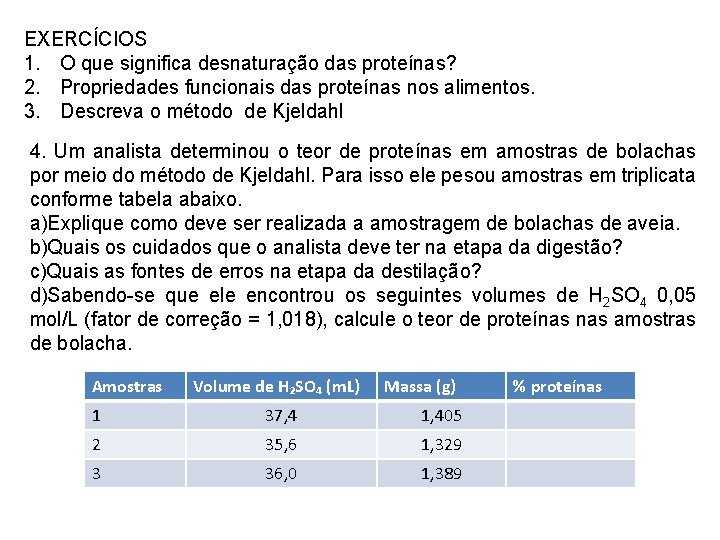 EXERCÍCIOS 1. O que significa desnaturação das proteínas? 2. Propriedades funcionais das proteínas nos