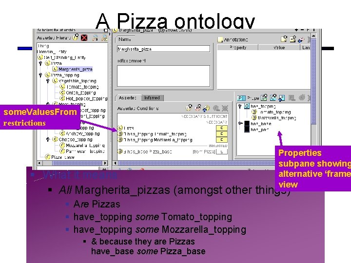 A Pizza ontology some. Values. From restrictions Properties subpane showing alternative ‘frame view § A Pizza ontology some. Values. From restrictions Properties subpane showing alternative ‘frame view §
