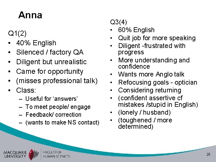 Anna Q 1(2) • 40% English • Silenced / factory QA • Diligent but