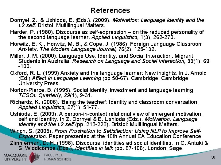 References Dornyei, Z. , & Ushioda, E. (Eds. ). (2009). Motivation: Language identity and