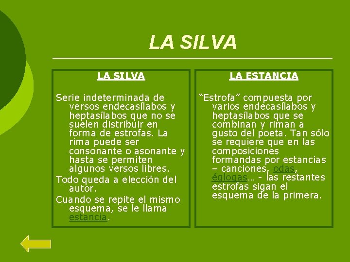 LA SILVA LA ESTANCIA Serie indeterminada de versos endecasílabos y heptasílabos que no se