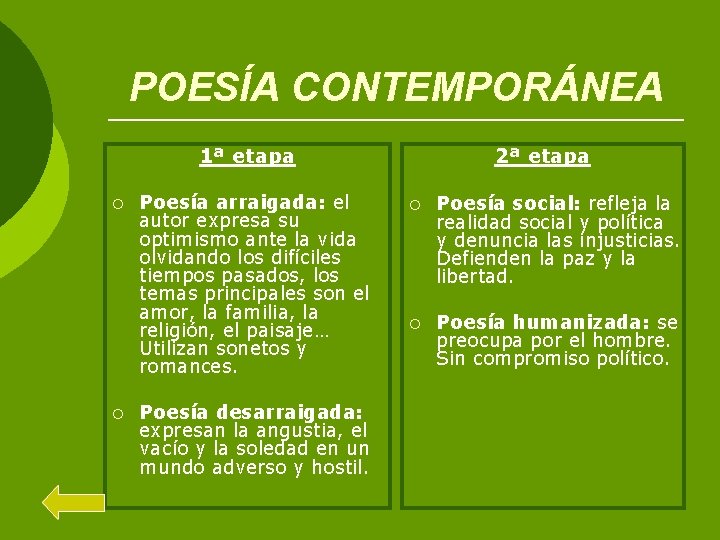 POESÍA CONTEMPORÁNEA 1ª etapa ¡ ¡ Poesía arraigada: el autor expresa su optimismo ante