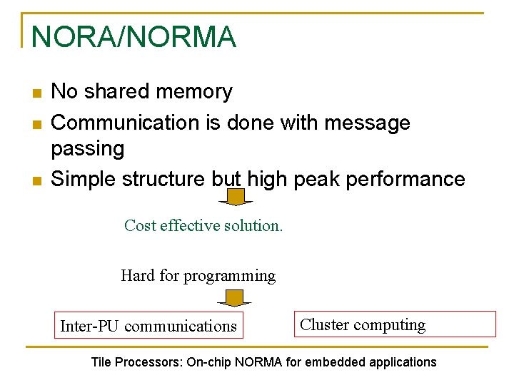 NORA/NORMA n n n No shared memory Communication is done with message passing Simple