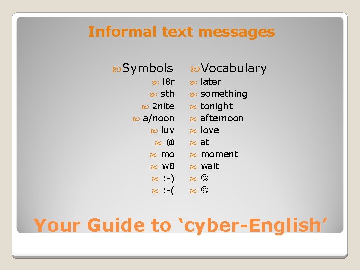 Informal text messages Symbols l 8 r sth 2 nite a/noon luv @ mo