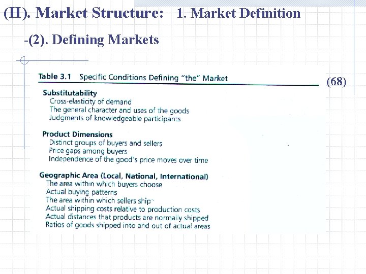 (II). Market Structure: 1. Market Definition -(2). Defining Markets (68) 