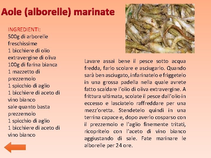 Aole (alborelle) marinate INGREDIENTI: 500 g di arborelle freschissime 1 bicchiere di olio extravergine Aole (alborelle) marinate INGREDIENTI: 500 g di arborelle freschissime 1 bicchiere di olio extravergine