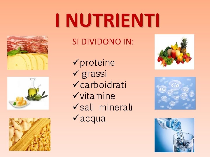 I NUTRIENTI SI DIVIDONO IN: üproteine ü grassi ücarboidrati üvitamine üsali minerali üacqua I NUTRIENTI SI DIVIDONO IN: üproteine ü grassi ücarboidrati üvitamine üsali minerali üacqua