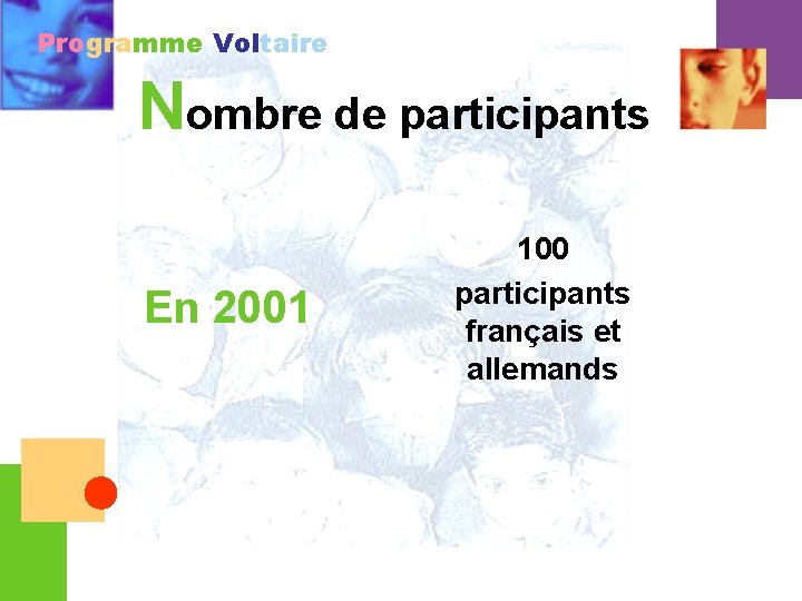 Programme Voltaire Nombre de participants En 2001 100 participants français et allemands 