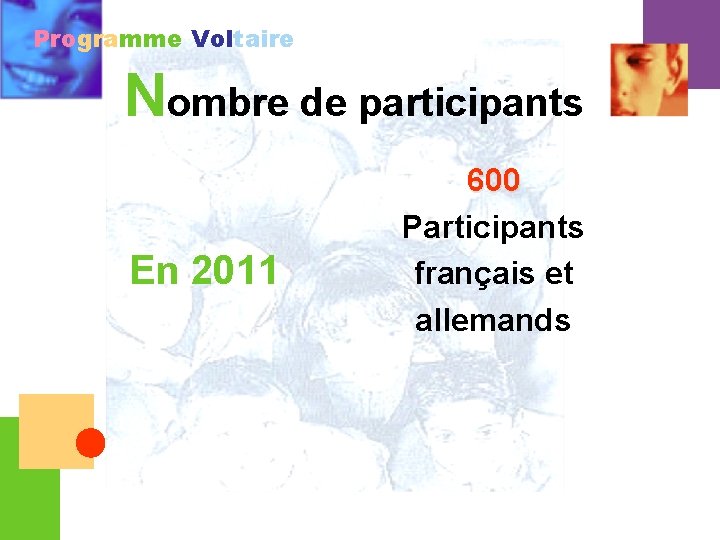 Programme Voltaire Nombre de participants En 2011 600 Participants français et allemands 